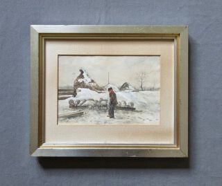 Antique 19th Century Watercolor Painting,  Winter Landscape With Farmer And Sheep