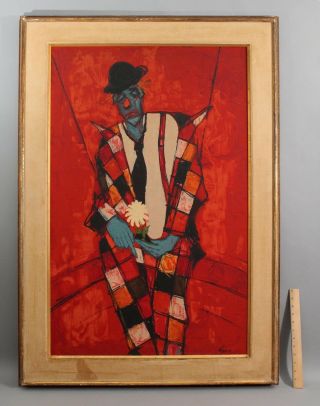 Large Orig Bernard Lignon French Expressionist Sad Clown Portrait Oil Painting