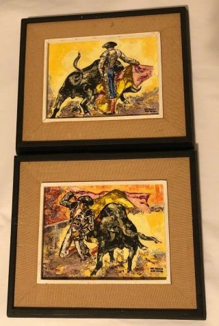 Vintage Set Of 2 Framed Bull And Matador Oil Paintings By Artist Epifanio Ortega