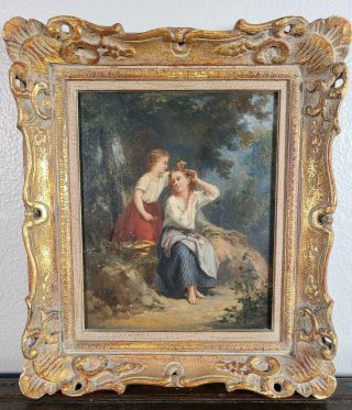 Antique Oil Canvas Painting Young Woman Girl Landscape 19th C French English