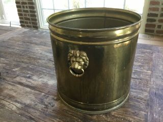 Large Vintage Brass Round Planter Box Lion Head Handles W/rings Made In Holland