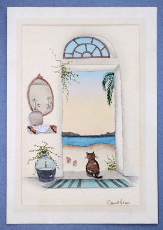 Watercolor Painting By Carol Jean Green Miniature Cat In Doorway Landscape 1970s