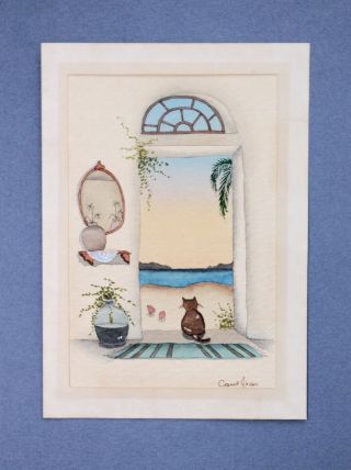 Watercolor Painting by Carol Jean Green Miniature CAT in Doorway Landscape 1970s 2