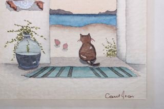 Watercolor Painting by Carol Jean Green Miniature CAT in Doorway Landscape 1970s 3