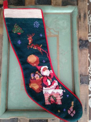 Vintage Wool Needlepoint Christmas Stocking Santa In Chimney Reindeer In Flight