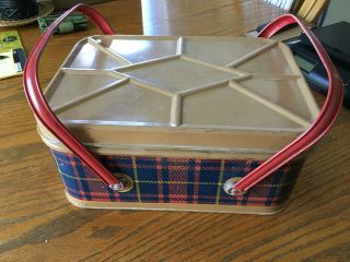 Vintage Nesco Plaid Tin Litho Handled Picnic Basket Hinged Camping Storage
