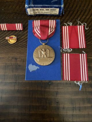 Wwii Us Army Good Conduct Medal Named - Boxed - Ribbon Bar - Extra Ribbon - Clasp