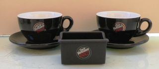 Caffe Vergnano 1882 Set Of Two Cappuccino Black Cups With Saucers & Sugar Base