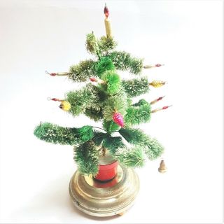 Vintage Rotating Musical Flocked Bottle Brush Tree With Mercury Glass Ornaments