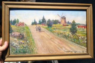 Antique Old Oil Painting Landscape Impressionist 1918 Windmill Horse Flowers Art