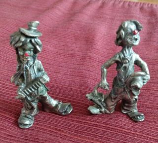 2 Vintage Miniature Pewter Clown W/ Red Nose Playing Accordian,  Marked Pewter 3 "
