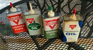 Vintage Conoco (3) Household Oil (1) Lighter Fluid Cans