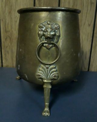 Vintage Antique Hammered Brass Lions Head Claw Feet Planter Bucket Ring Handles