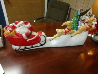 Vtg Union Products Small Santa Sleigh And Reindeer Christmas Blow Mold 31”.