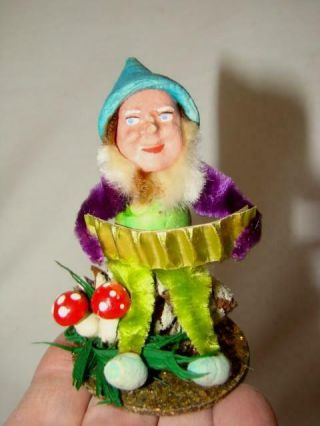 Vintage Christmas Spun Cotton Pine Cone Elf & Mushrooms,  Western Germany