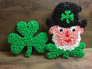 Vintage St.  Patrick’s Day Leprechaun And Shamrock Melted Plastic Popcorn Decor