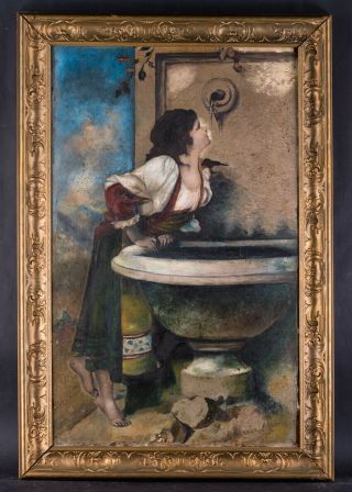 Large Early 20th Century European Realist Oil Painting " Girl Drinking Water "