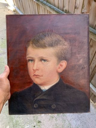 19th Century American Folk Art Portrait Painting Of A Boy