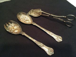 Vintage Silverplate Ornate Salad Serving Fork,  Spoon,  Scissor Tongs
