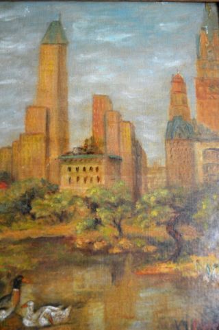 F WEISS SIGNED ANTIQUE OIL PAINTING ON CANVAS PANEL CENTRAL PARK NY 2