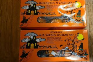 2 Vintage Blow Mold Halloween String Lights Jack O Lantern Pumpkins 10 Lights