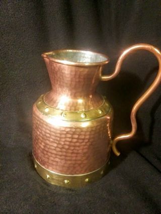Vintage,  Handmade,  Hammered Copper Pitcher,  With Brass Trim.