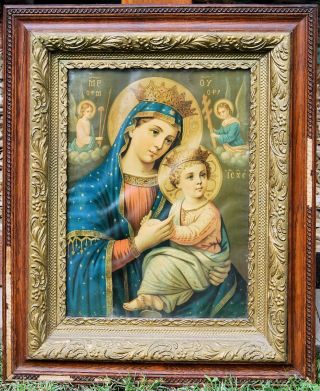 Antique 19th C Our Lady Of The Perpetual Help Collotype Jose A Robles Wood Frame