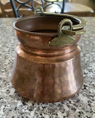 Small Vintage Hammered Copper Pot With Brass Handle