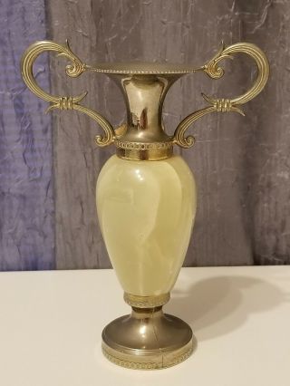 Vintage Small 6 " Silver And Alabaster Marble Urn Ewer Vase Euc Double Handle