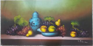 Large Vintage Table Fruit Still Life Oil Painting Art By Artist Simon 24 X 48 "