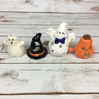 4 Halloween Ceramic Candle Holders For Tea Lights Jack O Lantern Witch Hat Ghost