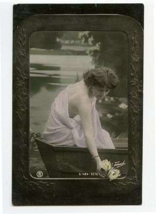 C 1907 Glamour Pretty Lady Beauty In A Boat French Traut Photo Postcard