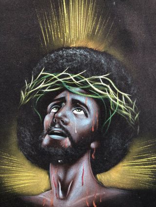 Vintage Black Afro Jesus Velvet Oil Painting Wood Frame Mexico 1970 