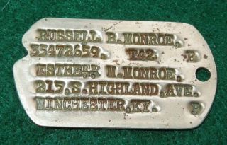 Wwii Us Army Nok Dog Tag Russell Monroe 1942 Winchester,  Kentucky