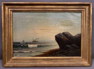 Antique Seascape Old Rocky Coast Old Steam Ship & Sailboat Shore Painting Frame