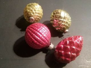 4 Vintage Antique Christmas Feather Tree Ornaments Bumpy Red Chartreuse Pinecone