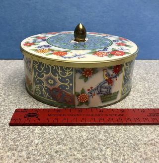 Vintage Daher 6” Round Gold Trimmed/ Flowered Tin Covered Container