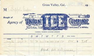 Billhead - Union Ice Company - To Buffalo Cafe - Grass Valley - Ca - Nevada County