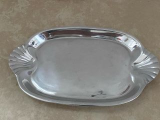 Vintage Silver Tone Pewter Oval Serving Platter Tray 2 Shells Conchitas Mexico