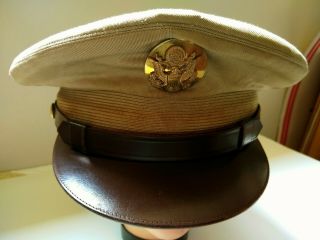 Wwii/korean War Us Army Enlisted Khaki Service Cap W/brown Leather Brim 7 3/4