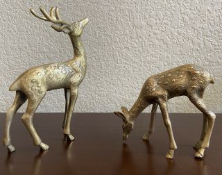 Vintage Brass Deer Statues,  Buck And Grazing Doe,  Buck 7 1/2 " Tall