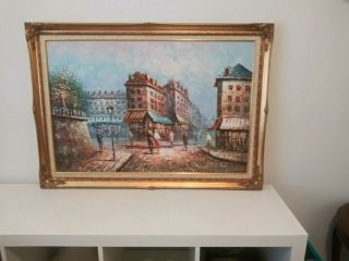 Caroline C.  Burnett Oil Painting Paris Street Scene On Canvas Framed