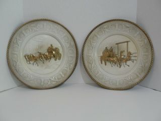 2 Vintage Embossed Brass Wall Plates England Men On Stagecoach Horse Saloon Pub