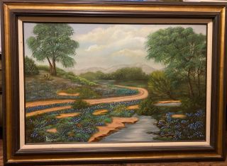 A Oil On Canvas Painting Of Texas Bluebonnets Landscape Signed & Framed