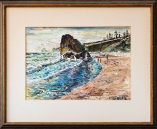Phil Dike (1906 - 1990) California/arizona Artist Watercolor " Beach Scene "