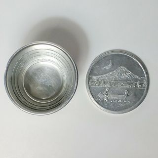 Vintage 1940s Collapsible Aluminum Camping Cup Canoe and Mountain Scene on Lid 2