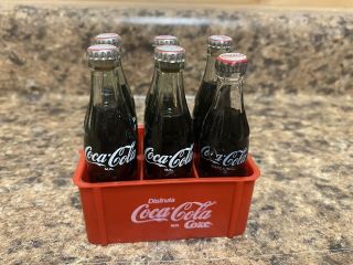 Vintage Coca Cola Mini Glass Bottles Plastic Crate 3 "