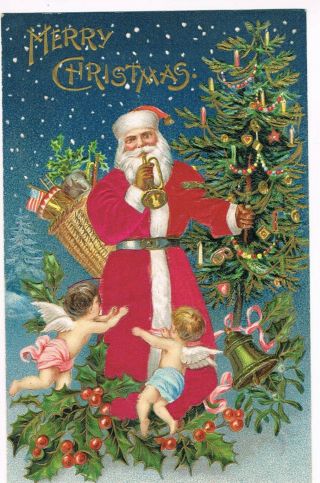 Antique Embossed Christmas Postcard Santa Claus In Pink Silk Suit,  Blowing Horn