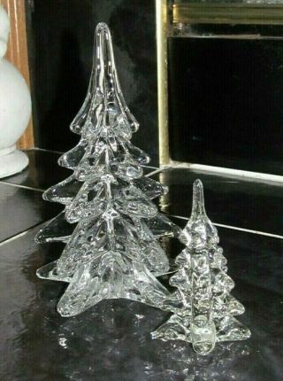 Vintage Crystal Clear 8 " And 6 " Art Glass Christmas Tree Figurines