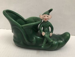 Vintage Elf Pixie On Green Shoe Boot Planter Ceramic 7 " Long